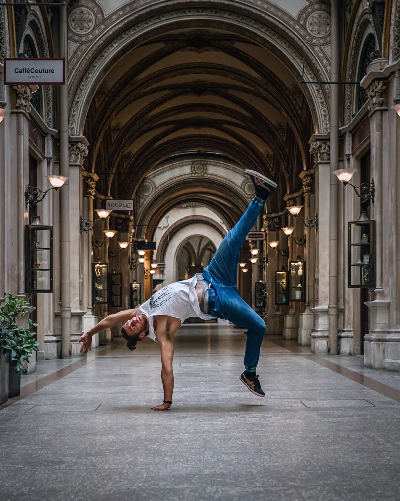 Parkour move in a vaulted passageway